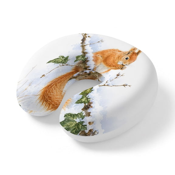 Neck Pillow Winter Squirrel Tree Branch Travel Pillow Memory Foam U Shaped Pillows, Wildlife Snowy Scene Travel Neck Pillows for Airplane Car Office Home Sleeping Rest