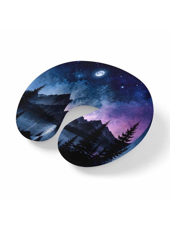 Neck Pillow Winter Star Moon Travel Pillow Memory Foam U Shaped Pillows, Mountains Pine Forest Travel Neck Pillows for Airplane Car Office Home Sleeping Rest