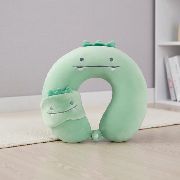 Neck Pillow for Travel with Sleep Eye Mask, Memory Foam Flight Sleeping Headrest Pillow for Airplane, Train, Car, Home Use - Green Dinosaur