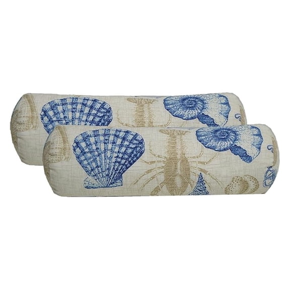 Neck Roll Bolster Pillows  2 Set | 20 x 6| Indoor Outdoor Pillow for Patio, Porch, Coastal Beachhouse Decor, Lounge Chair | Water, UV, & Fade-Resistant| Blue Tan Crab