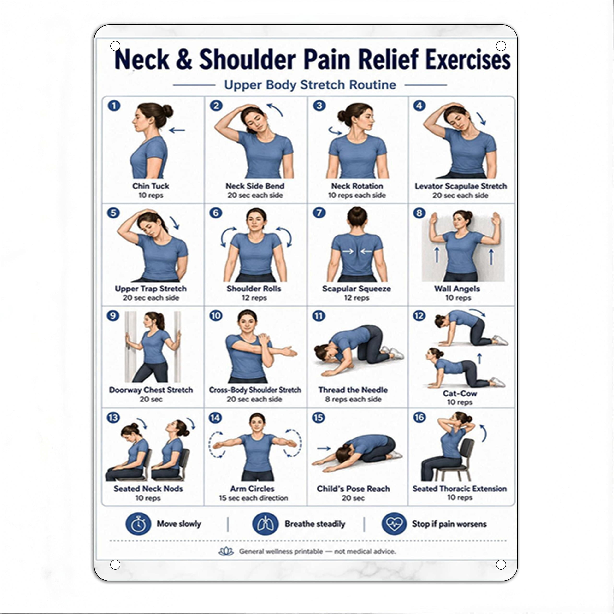 Neck Exercise Neck Shoulder Exercise Metal Tin Sign for Stretch Chart Guide, Gentle ...