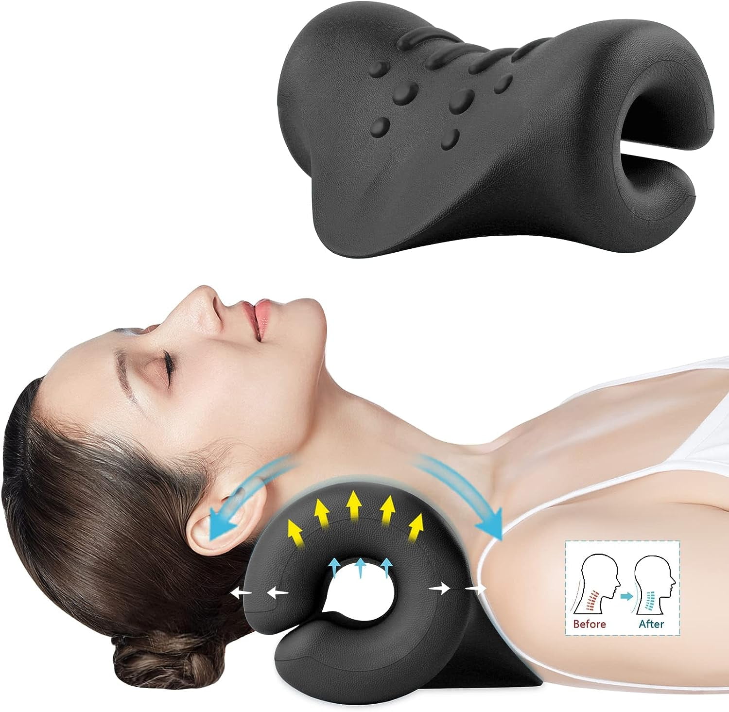 Neck and Shoulder Relaxer,Portable Cervical Traction Device Neck Stretcher, Neck Posture Corrector Chiropractic Pillow for TMJ Pain Relief and Cervical  Spine Alignment,Black 