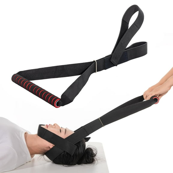 Neck Stretcher Strap - Decompression Device for Spine Chiropractic, Neck Discomfort & Headache Relief with Comfortable Handle, Chin Strap, Black/Red Strap Handle - Ultimate Neck Strap Tool