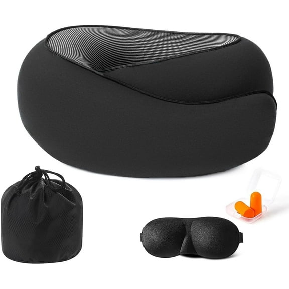 Neck Travel Pillow, Memory Foam Neck Pillow for Comfort on Airplane, Airplane Travel Kit with 5D Contoured Eye Masks, Earplugs, and Bag for Camping, Traveling, Gift for Traveler