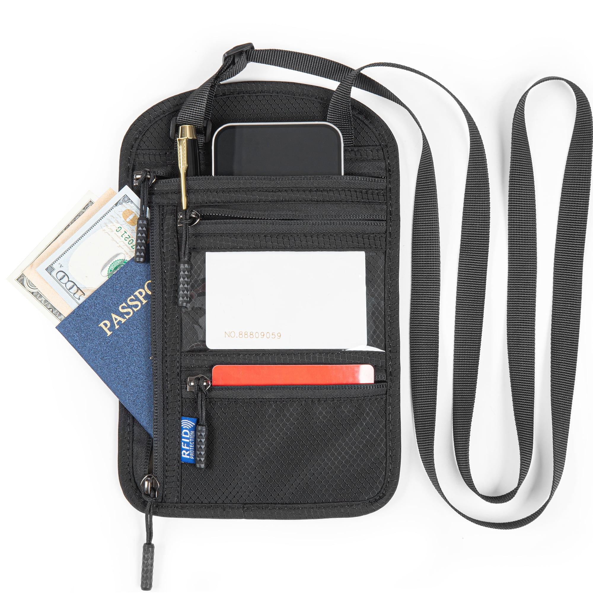 Neck Wallet Passport Holder, Black Travel Pouch W/ RFID Blocking