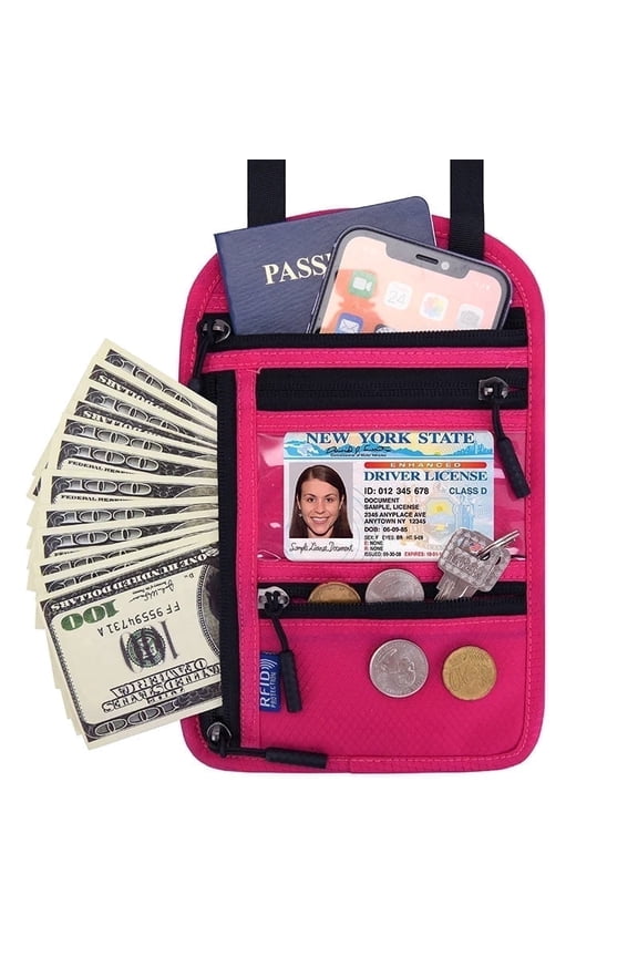 Neck Wallet,RFID Blocking Passport holder Neck Bag,Multi-Pockets Wallet , Travel Pouch (Pink)