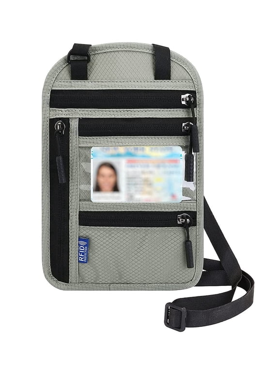 Neck Wallet,RFID Blocking Passport holder Neck Bag,Multi-Pockets Wallet , Travel Pouch (light gray)