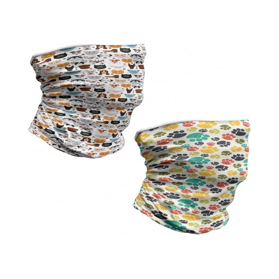 Neck Warmers Set of 2, Unisex, Funny Colorful Dogs and Cats Paws, Yellow Multicolor, by Ambesonne