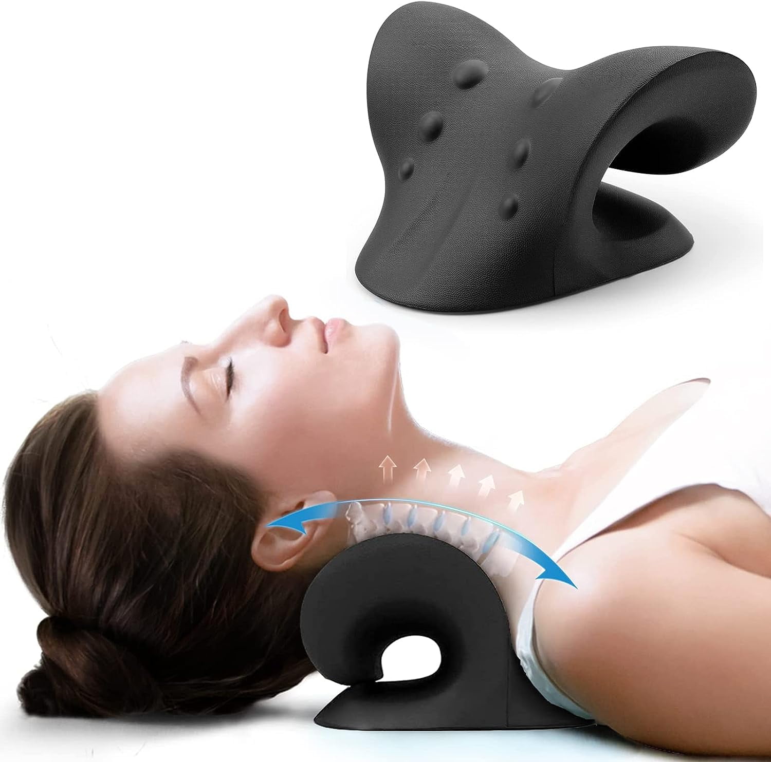 Neck and Shoulder Relaxer, Cervical Traction Device for TMJ Pain Relief and Cervical Spine Alignment, Chiropractic Pillow (Black)