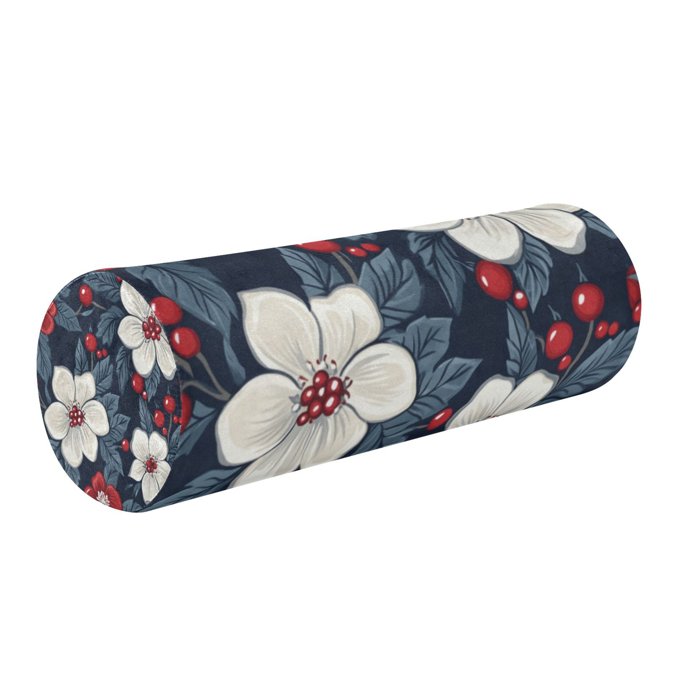 Neck pillow Round Cervical Pillow Cylindrical Pillow Lumbar Pillow Sofa Headrest Pillow Support For the Back, Neck and Head Large White Flower