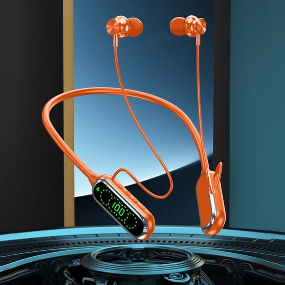 Neckband Bluetooth Earbuds with Digital Display , Wireless Bluetooth 5.4 Headphones with Ear Return, HiFi Surround Sound, 200H Long Standby Time, for Sport/Work - Orange