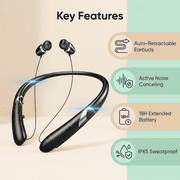Neckband Bluetooth Headphone, Sweat Resistant Noise Cancelling Stereo Headphones and Retractable Headset Wireless Sports Earbuds for Music, Conference, Sports, Black