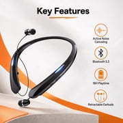 Neckband Bluetooth Headphone, Sweat Resistant Noise Cancelling Stereo Headphones and Retractable Headset Wireless Sports Earbuds for Music, Conference, Sports, Black