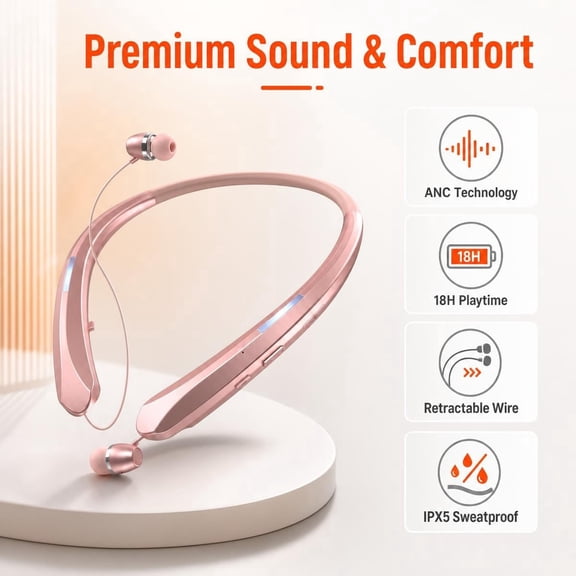 Neckband Bluetooth Headphone, Sweat Resistant Noise Cancelling Stereo Headphones and Retractable Headset Wireless Sports Earbuds for Music, Conference, Sports, Pink