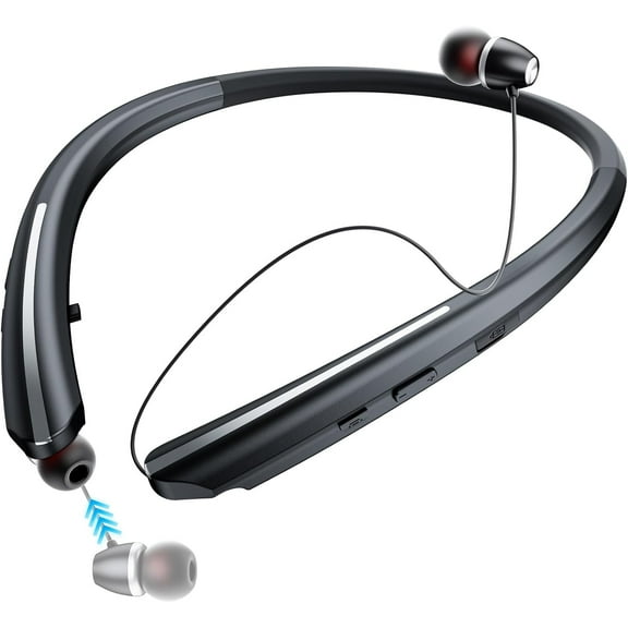 Neckband Bluetooth Headphones, Retractable Headset with Mic, Wireless Earphones Vibration Call, Stereo Noise Cancelling Earbuds for Sports, Running, IPX5 Sweatproof (Black)