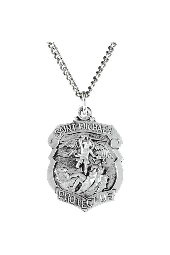 925 Sterling Silver 25x21mm Polished St. Michael Shield Medal With 24 Inch Chain Chain Necklace for Women and Men