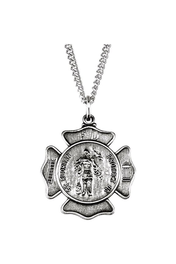 925 Sterling Silver 25x25mm Polished St. Florian Shield Medal With 24 Inch Chain Chain Necklace for Women and Men