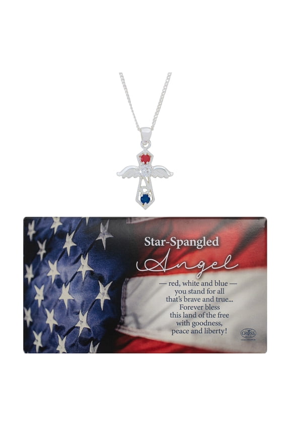 Star-Spangled Angel CZ Cross 18 Inch Pendant Necklace with Presentation Gift Box