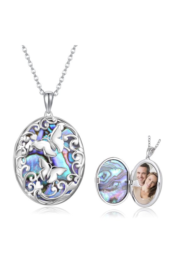 Necklace Butterfly Pendant 925 Sterling Silver Necklace Abalone Shells Butterlfy Jewelry That Holds Pictures Personalized Photo Valentine`s Day Gift for Women Mom Grandma C113