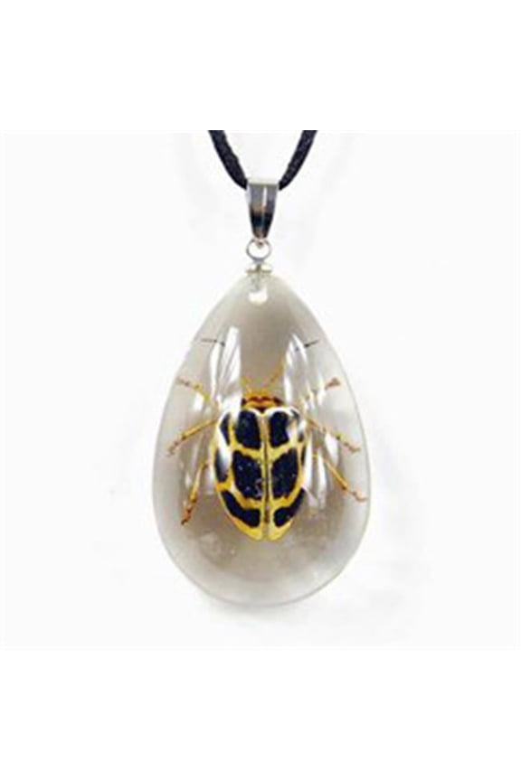 Necklace  Clear  teardrop shape   Black & White Leaf Beetle
