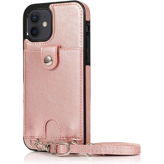 Necklace Crossbody Case for iPhone 12 Mini,PU Leather Wallet Lanyard Case Cover with Card Holder Adjustable Detachable Anti-Lost Neck Strap Case for iPhone 12 Mini,5.4",Pink