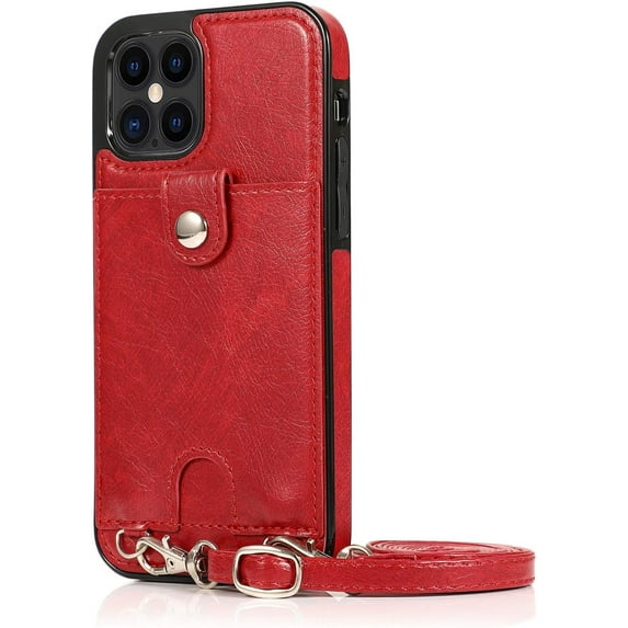 Necklace Crossbody Case for iPhone 12 Pro Max,PU Leather Wallet Lanyard Case Cover with Card Holder Adjustable Detachable Anti-Lost Neck Strap Case for iPhone 12 Pro Max,6.7",Red