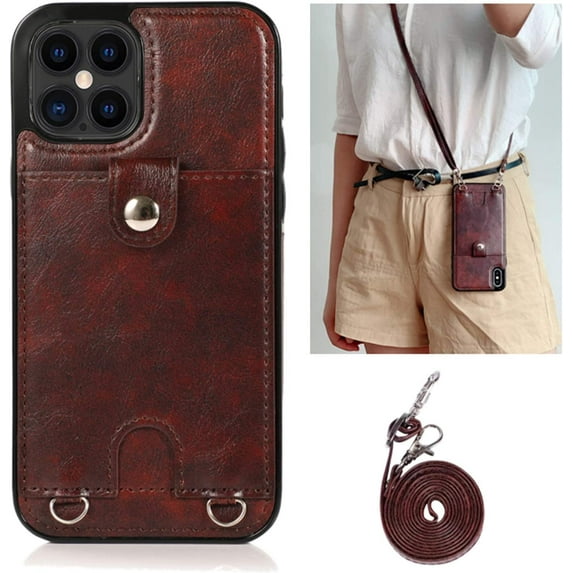 Necklace Crossbody Case for iPhone 12/iPhone 12 Pro PU Leather Wallet Lanyard Case Cover with Card Holder Adjustable Detachable Anti-Lost Neck Strap Case for iPhone 12/iPhone 12 Pro,6.1",Brown