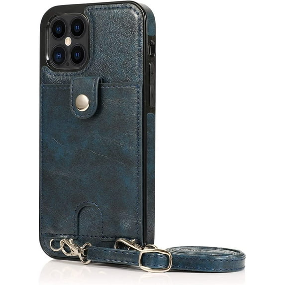Necklace Crossbody Case for iPhone 12/iPhone 12 Pro PU Leather Wallet Lanyard Case Cover with Card Holder Adjustable Detachable Anti-Lost Neck Strap Case for iPhone 12/iPhone 12 Pro,6.1",Blue