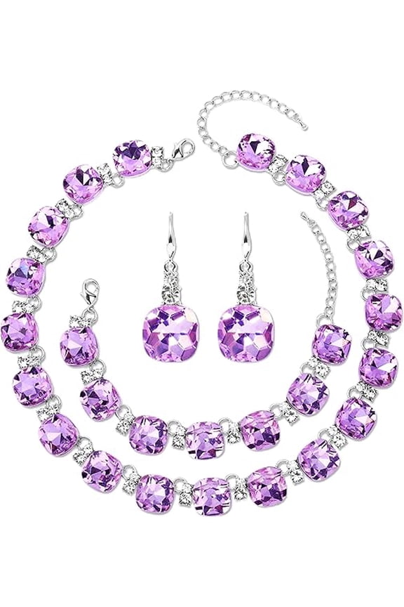 Necklace Dangle Earrings Bracelet Set Purple Austrian Crystal Wedding Bridal Gemstone Statement Necklace and Bracelet Earring Set Formal Prom Wedding Evening Dress