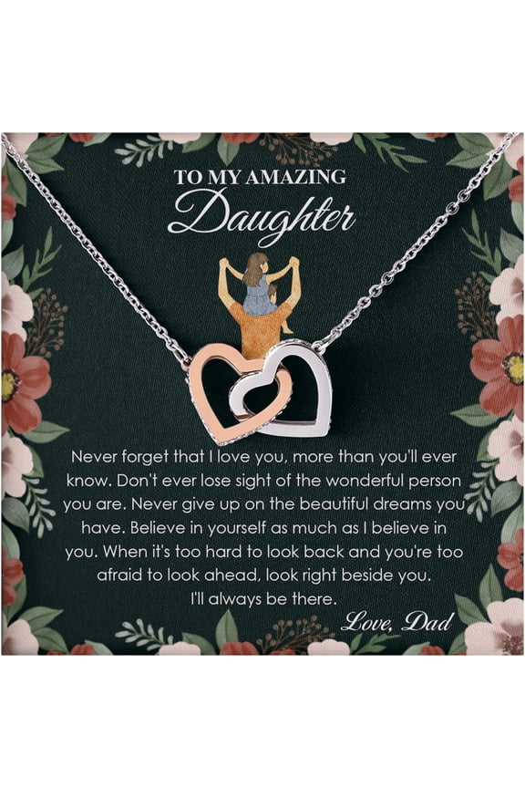 Necklace for Daughter from Dad, Double Heart Pendant Jewelry Gift, Encouraging Message Card Included, Sentimental Present for Birthday, Graduation, or Farewell, Elegant Jewelry for Her