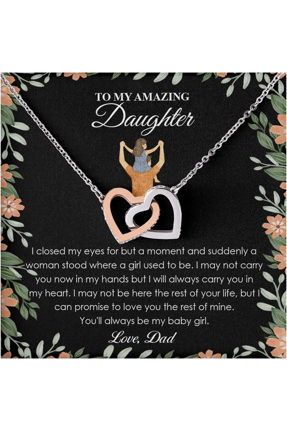 Necklace for Daughter from Dad, Double Heart Pendant Jewelry Gift, Growing Up Message Card Included, Sentimental Present for Birthday, Graduation, or Farewell, Elegant Jewelry for Her