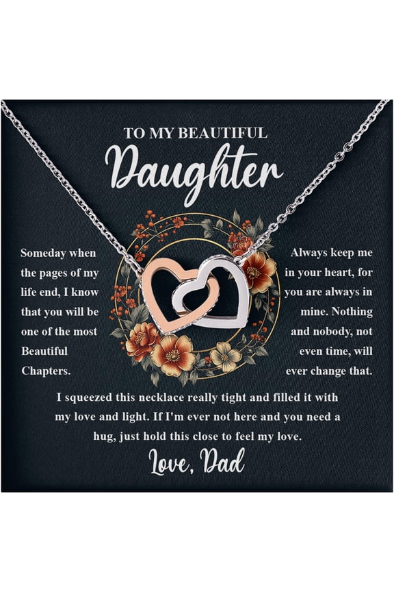 Necklace for Daughter from Dad, Double Heart Pendant Jewelry Gift, Heartfelt Message Card Included, Sentimental Present for Birthday, Graduation, or Farewell, Elegant Jewelry for Her