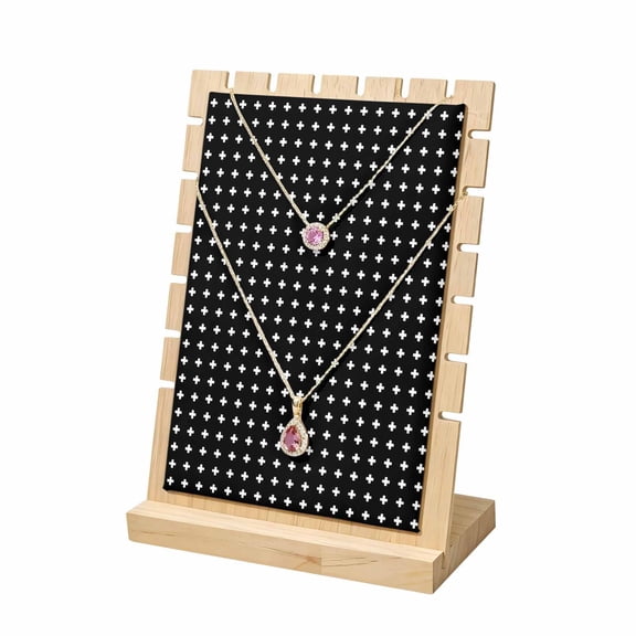 Necklace Display Stand Black Small Crosses Icons Wood Jewelry Displays Stands with PU Panel Rack Organizer Dotted Matrix Grid Wooden Necklace Display Holder for Vendors Shop Show Tabletop Storage