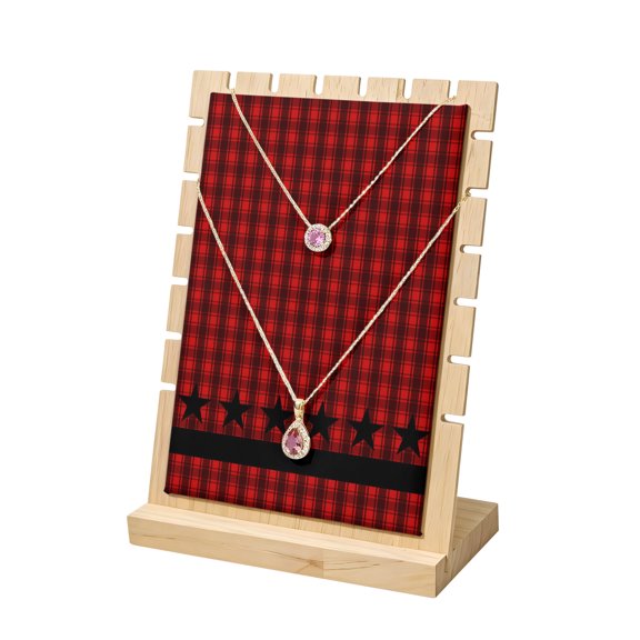 Necklace Display Stand Black Stars Buffalo Plaid Wood Jewelry Displays Stands with PU Panel Rack Organizer Red Checkered Wooden Necklace Display Holder for Vendors Shop Show Home Tabletop Storage