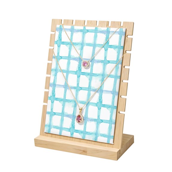 Necklace Display Stand Blue Teal Buffalo Plaid Wood Jewelry Displays Stands with PU Panel Rack Organizer Check Striped Wooden Necklace Display Holder for Vendors Shop Show Home Tabletop Storage