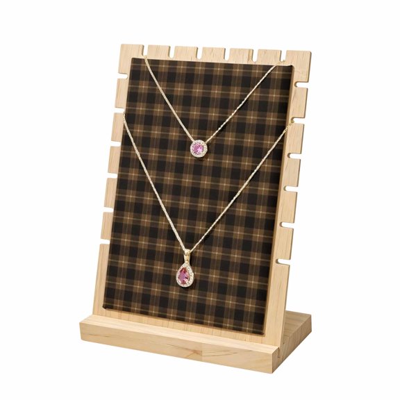 Necklace Display Stand Brown Buffalo Plaid Wood Jewelry Displays Stands with PU Panel Rack Organizer Checked Lines Grids Wooden Necklace Display Holder for Vendors Shop Show Home Tabletop Storage