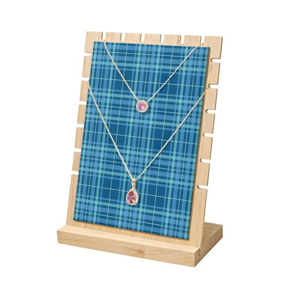 Necklace Display Stand Buffalo Checked Plaid Wood Jewelry Displays Stands with PU Panel Rack Organizer Blue Gingham Lines Wooden Necklace Display Holder for Vendors Shop Show Home Tabletop Storage