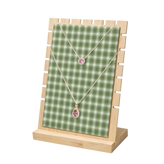 Necklace Display Stand Green Buffalo Plaid Wood Jewelry Displays Stands with PU Panel Rack Organizer Weave Checked Lines Wooden Necklace Display Holder for Vendors Shop Show Home Tabletop Storage