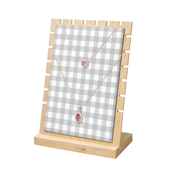 Necklace Display Stand Grey Buffalo Checked Plaid Wood Jewelry Displays Stands with PU Panel Rack Organizer Classic Grid Wooden Necklace Display Holder for Vendors Shop Show Home Tabletop Storage