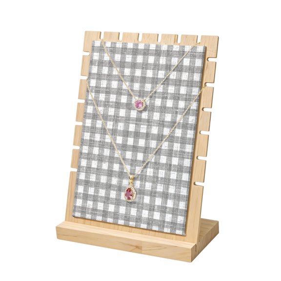 Necklace Display Stand Grey Buffalo Plaid Wood Jewelry Displays Stands with PU Panel Rack Organizer Classic Checked Stripes Wooden Necklace Display Holder for Vendors Shop Show Home Tabletop Storage