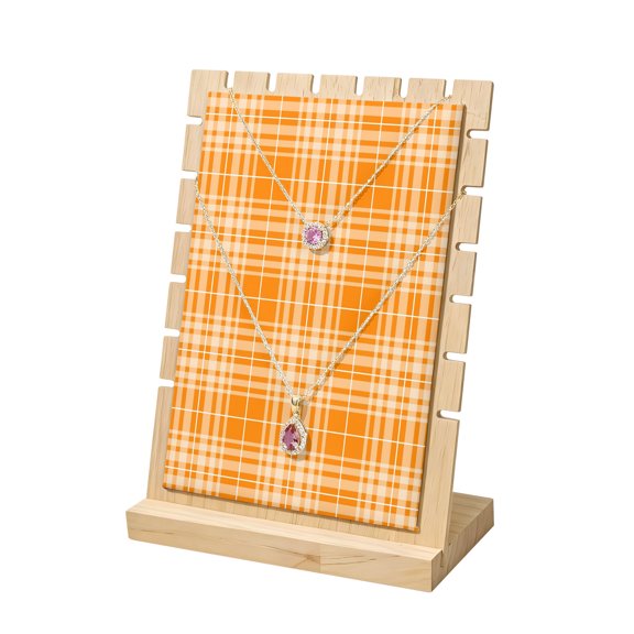 Necklace Display Stand Orange Buffalo Checked Plaid Wood Jewelry Displays Stands with PU Panel Rack Organizer Gingham Lines Wooden Necklace Display Holder for Vendors Shop Show Home Tabletop Storage