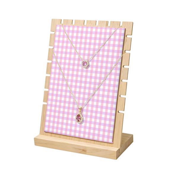 Necklace Display Stand Pink Buffalo Plaid Wood Jewelry Displays Stands with PU Panel Chain Rack Organizer Classic Checked Wooden Necklace Display Holder for Vendors Shop Show Home Tabletop Storage