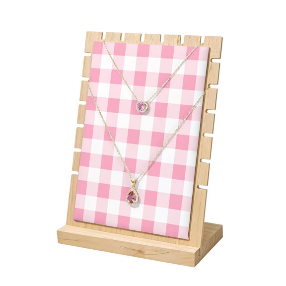 Necklace Display Stand Pink Buffalo Plaid Wood Jewelry Displays Stands with PU Panel Rack Organizer Spring Watercolor Check Stripe Wooden Necklace Display Holder for Vendors Shop Show Storage