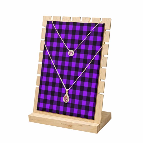 Necklace Display Stand Purple Buffalo Plaid Wood Jewelry Displays Stands with PU Panel Rack Organizer Pastoral Black Checked Wooden Necklace Display Holder for Vendors Shop Show Tabletop Storage