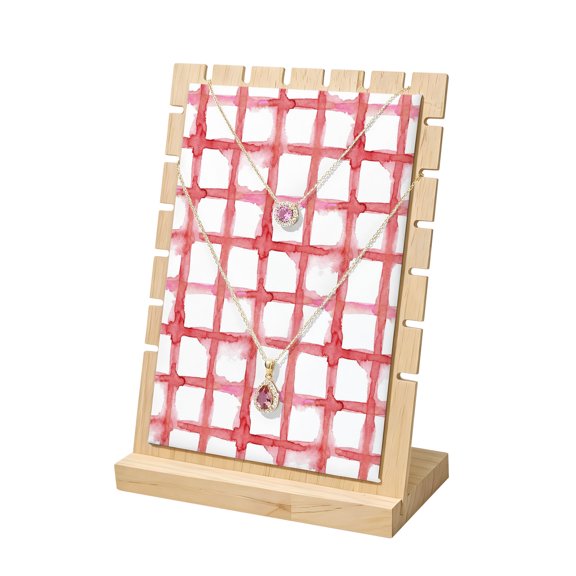 Necklace Display Stand Red Buffalo Plaid Wood Jewelry Displays Stands with PU Panel Chain Rack Organizer Check Striped Wooden Necklace Display Holder for Vendors Shop Show Home Tabletop Storage