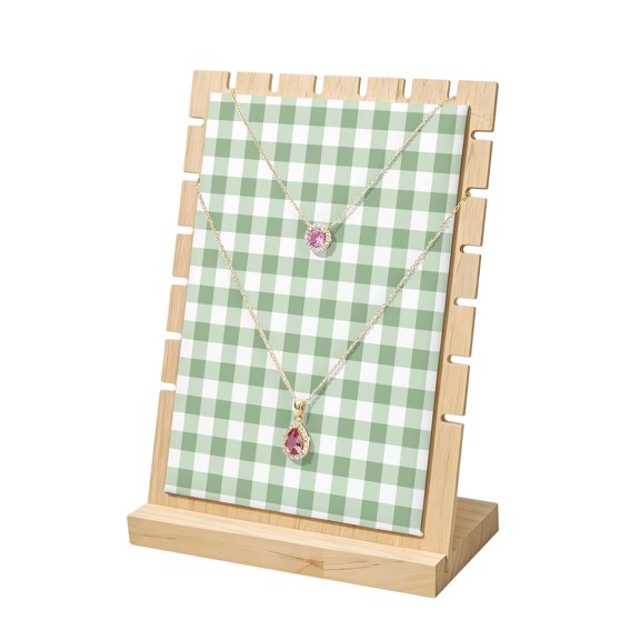 Necklace Display Stand Sage Green Wood Jewelry Displays Stands with PU Panel Chain Rack Organizer Green Buffalo Check Plaid Wooden Necklace Display Holder for Vendors Shop Show Home Tabletop Storage
