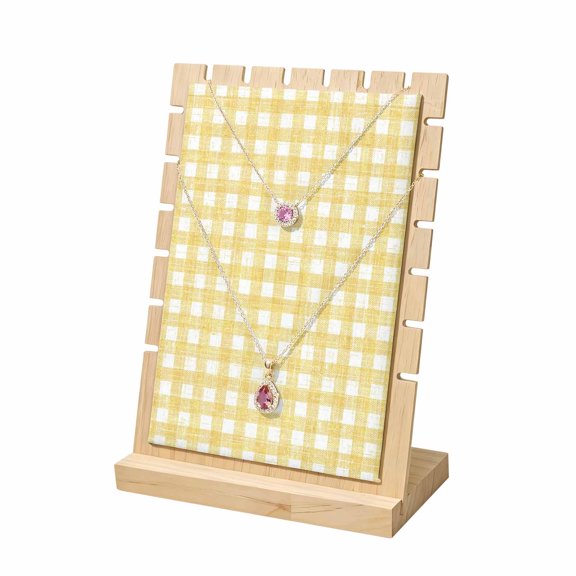 Necklace Display Stand Yellow Buffalo Plaid Wood Jewelry Displays Stands with PU Panel Rack Organizer Classic Checked Stripes Wooden Necklace Display Holder for Vendors Shop Show Tabletop Storage