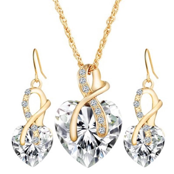 Necklace Earring Heart Set Clear Rhinestone Anti-Tarnish Gold Tone Jewelry Set, J-42-C