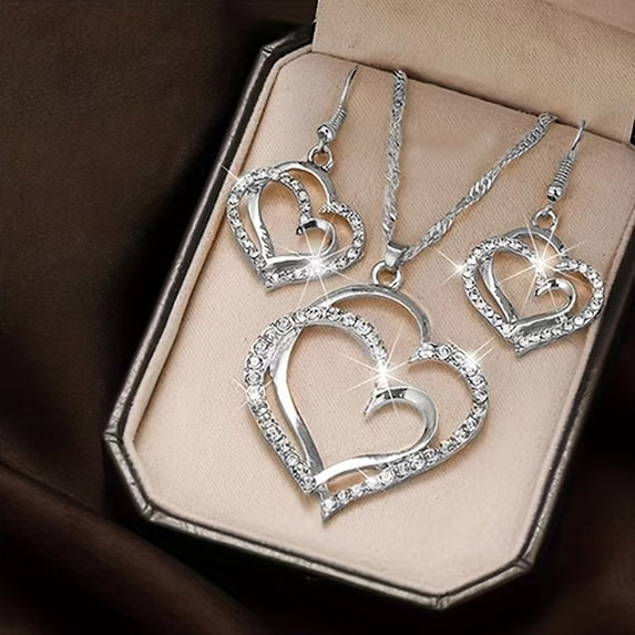 Necklace And Earring Set Wedding Jewelry Set Women's Necklace Double Heart Shape Silver Durable and Professional,Heart Hanging Pendant Necklace with Cubic Zirconias 18" Chain with Gift Box