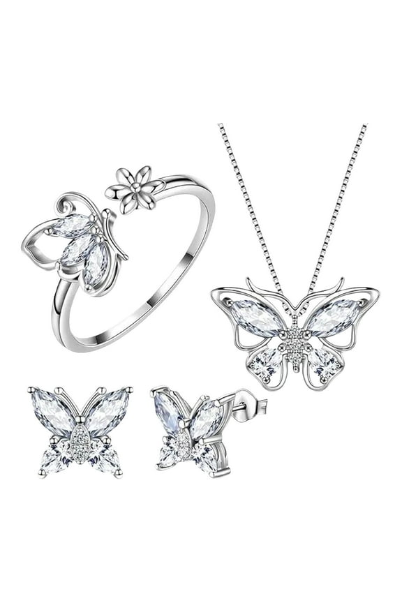 Necklace and Earrings Set,Earring Necklace Sets for Women,Butterfly Jewelry Set, 925 Sterling Silver Butterflies Birthstone Pendant Necklace/Earrings/Rings/Bracelets for Wedding Gift(Silver)